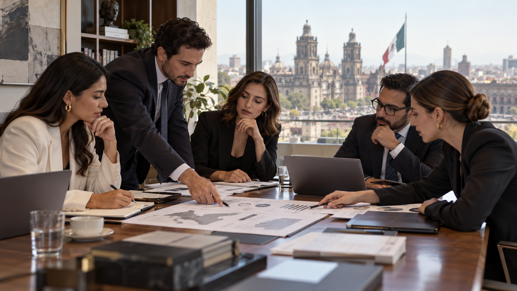 Equipo de consultoría trabajando en una mesa de estrategia