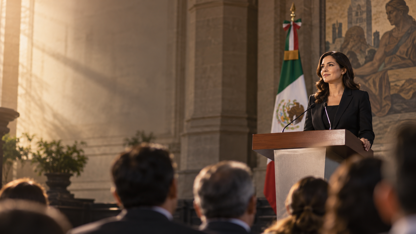 Oradora en un discurso institucional en un entorno gubernamental